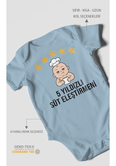 5 Yıldızlı Süt Eleştirmeni Baskılı Bebek Zıbını Çıtçıtlı Body 8 Renk %100 Pamuk Kısa Kol Bebe Mavisi