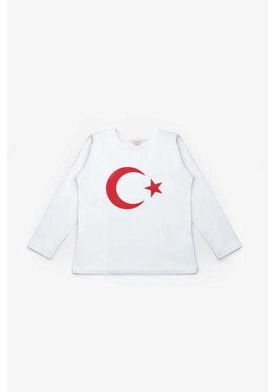 Le Mabelle Beyaz Ay Yıldız Baskılı Uzun Kollu Çocuk Tişört Beyaz