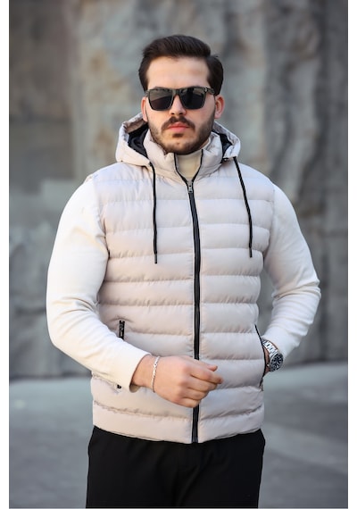 Mero Life Erkek Bej Standart Fit Çıkarılır Kapüşonlu Cepli Fermuarlı Şişme Yelek