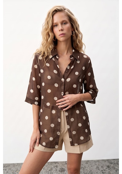 Sateen Puantiye Desenli Gömlek - Kahve-137748