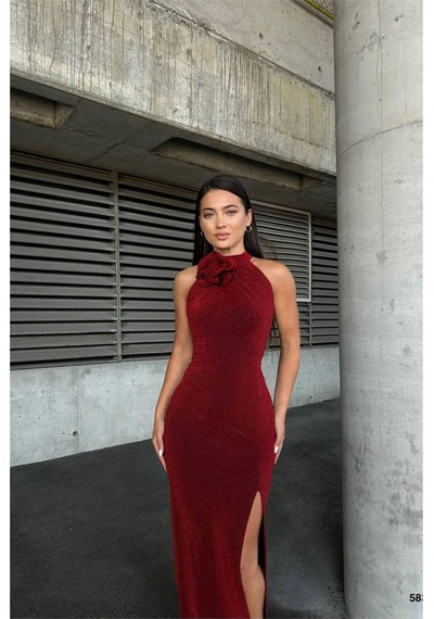 DefyModa Kadın Bisiklet Yaka Yırtmaçlı Balık Kesim Abiye Elbise Kırmızı