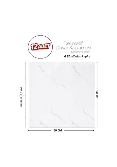 60x60 Cm Kendinden Yapışkanlı Duvar,banyo,tezgah Arası Beyaz Mermer-12 Adet Lls014-60-12