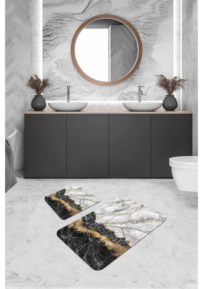 Siyah Mermer Görünümlü Banyo Halısı Klozet Paspas Seti Bs305n11