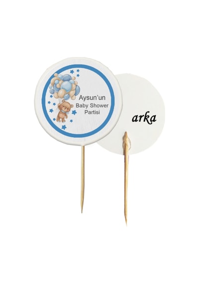 20 Adet Kişiye Özel Baskılı Mavi Baby Shower Partisi Pasta Kürdanı 6,5 Cm -1