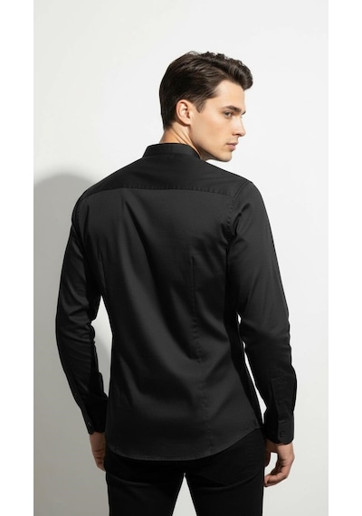Plus Scorpion Erkek Hakim Yaka Slim Fit Gömlek Şık, Modern, Uzun Kollu, Düz Model Siyah
