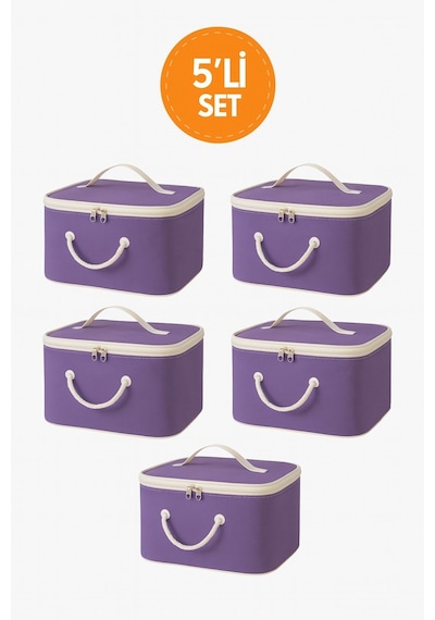 5'li Set Mor Şeffaf Kapaklı Hurç 28x32x15 Cm Orta Boy Dolap İçi Kıyafet Ve Havlu Düzenleyici