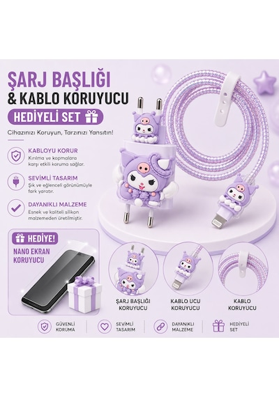 İphone 15 Plus Uyumlu Nano Ekran Koruyucu Hediyeli Şarj Başlığı & Kablo Koruyucu Koruma Seti Açık Gri