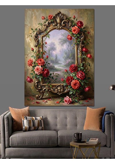 Güllerle Çevrili Antika Bahçe Aynası Dekoratif Kanvas - Mdf Ahşap Tablo