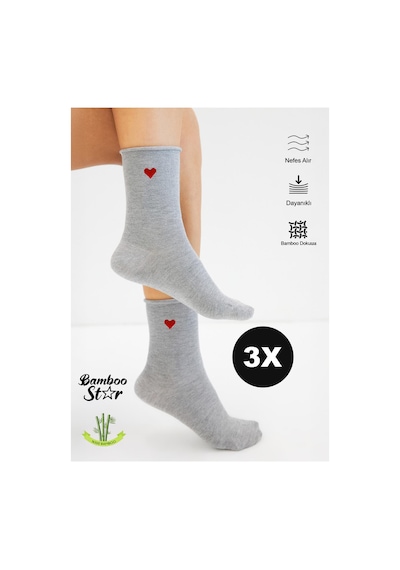 Bamboo Star Bambu Kadın Kalp Desenli Lastiksiz Gri Soket Dikişsiz Çorap 3'lü Paket/ Sıkmayan Çorap/iz Bırakmaz