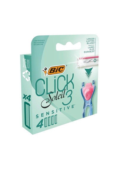 Soleil Click Sensitive 4'lü Yedek Kadın Tıraş Bıçağı 3 Bıçak , Oynar Başlıklı, Aloe Vera İle Zenginleştirilmiş Kayganlaştırıcı Jel Şerit