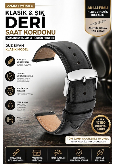22mm Saat Uyumlu Düz Siyah Klasik Model Deri Saat Kordonu Kayışı 46mm Akıllı Pimli Diğer