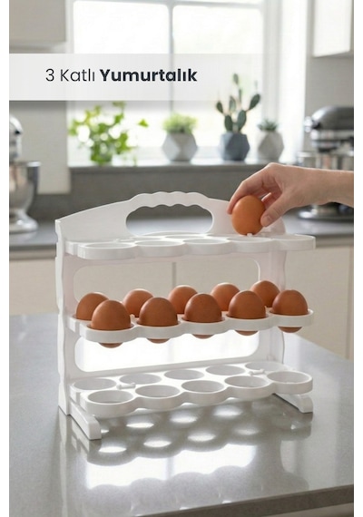 3 Katlı Yumurtalık 30 Bölmeli Yumurta Kutusu Buzdolabı Organizer Kutu Beyaz