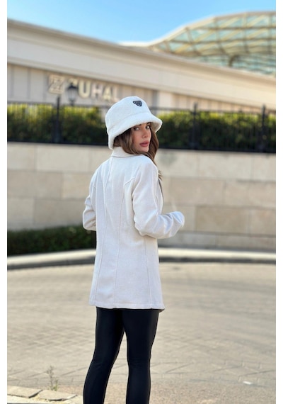 Kadın Beyaz Astarlı, Tek Düğme, Vucüda Oturan Kalıp, Fitilli Kaşe Kumaş Blazer Ceket Beyaz