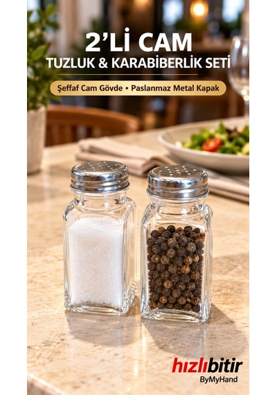 Bymyhand Çelik Kapaklı Cam Ev Lokanta Ve Restoran İçin Tuzluk Ve Karabiberlik 2'li Set Metalik Gri