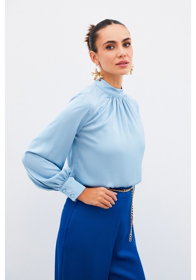 Sateen Yaka Detaylı Saten Bluz - Bebe Mavi-134912 Bebe Mavi