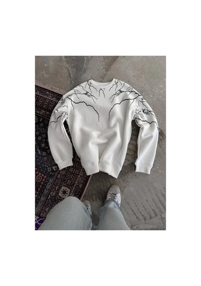 Butik İstanbul Yıldırım Baskılı Bisiklet Yaka Sweatshirt - Beyaz