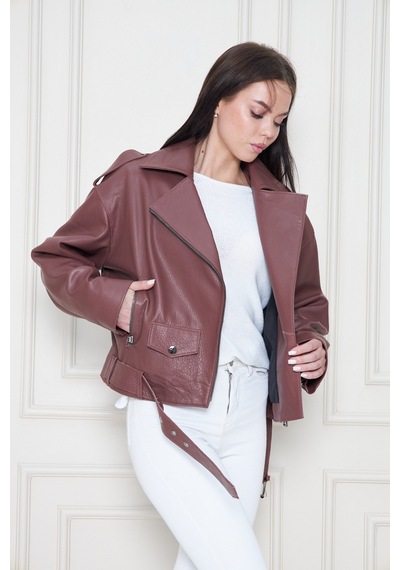 M M Marki Marki Kadın Hakiki Jumbo Deri Ceket Biker Tarz, Kemerli, Oversize, Apoletli, 62 Cm, Kahverengi - 117822
