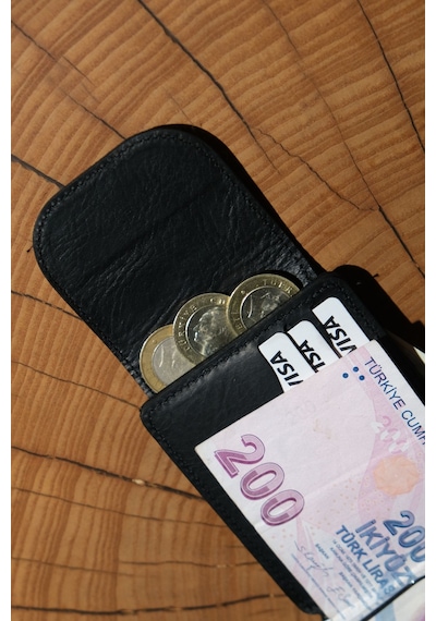 Lenax Leather Mono Klips Hakiki Deri Erkek Cüzdan Nakit Para Klipsli, Mıknatıslı Kapak, Bozuk Para Cepli Siyah
