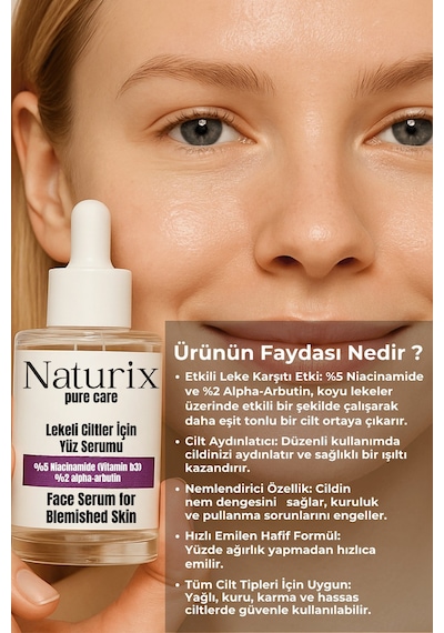 Leke Karşıtı Yüz Serumu %5 Niacinamide & %2 Alpha-arbutin Lekeli Ciltler İçin Etkili Bakım 30ml
