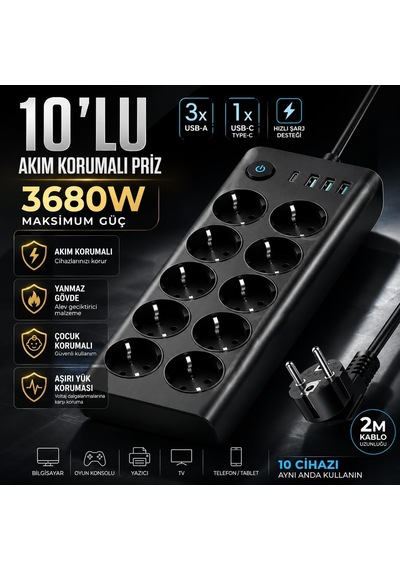 Smaylıng 10 Lu Akım Korumalı Priz 3680w 3 Usb-a + 1 Usb-c Girişli Çoklu Grup Priz Anahtarlı 2 Metre Uzatma Kablosu Çocuk Korumalı Çoklu Priz Siyah