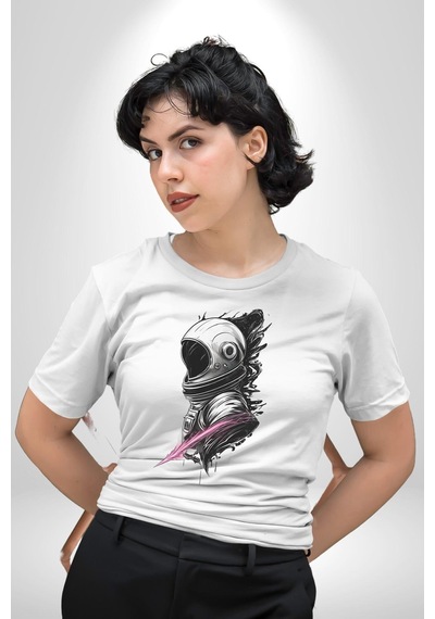 Astronot Kafası Unisex Unisex Beyaz Organik Baskılı T-shirt Penye Yüksek Kalite Beyaz