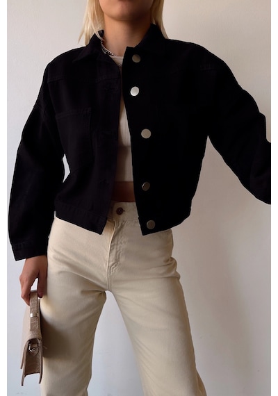 Siyah Çift Cepli Crop Yıkamalı Denim Ceket Bcdf-235401 Çok Renkli