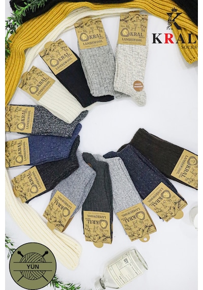 Kral Socks Erkek Kışlık 6 Çift Lambswool Yün Çorap Termal Etkili Ebruli Asorti