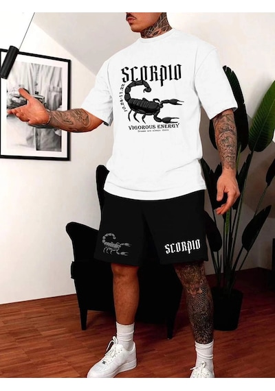 Unisex Oversize Scorpıon Baskılı Siyah Bisiklet Yaka Beyaz T-shirt Siyah Şort Siyah Unisex Oversize Scorpıon Baskılı Siyah Bisiklet Yaka Beyaz T-shirt Siyah Şort Siyah