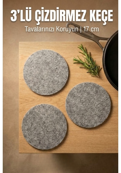 3 Parça Yuvarlak Keçe Tencere Tava Koruyucu 17 Cm Çizik Önleyici Gri Açık Gri