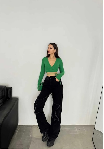 Kene Jeans Yüksek Bel Bacak Yıldızlı Bol Paça Jeans Siyah