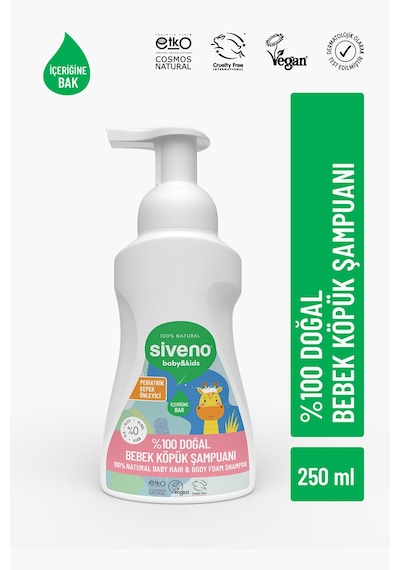 Siveno %100 Doğal Bebek Köpük Şampuanı Yenidoğan Saç ve Vücut İçin Nemlendirici Bitkisel Vegan 250 ml