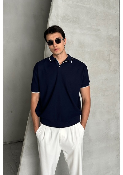Erkek Oversize Selanik Polo Yaka Triko T-shirt Lacivert