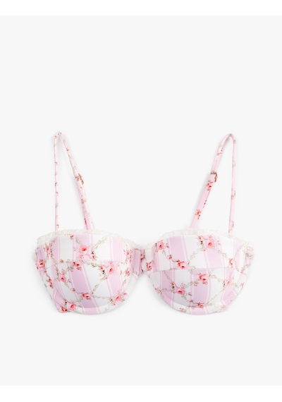 Koton Koton X Sibil Çetinkaya - Dantel Detaylı Balenli Çiçekli Bikini Üstü Çıkarılabilir Askılı Sarı Çizgili 6sak10232mm