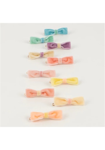 Meri Meri - Pastel Velvet Mini Bow Clips - Pastel Renk Kadife Tokalar - 10'lu Çok Renkli