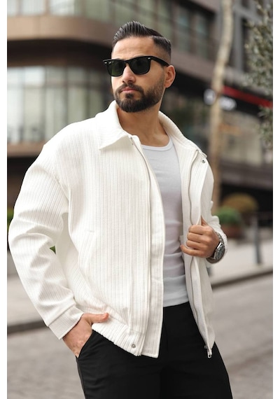 Yeni Sezon Dokulu Oversize Bol Kalıp Bomber Ceket Beyaz