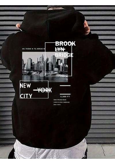 Uyguntarz Unisex Brooklyn Bridge Baskılı Oversize Sweatshirt siyah