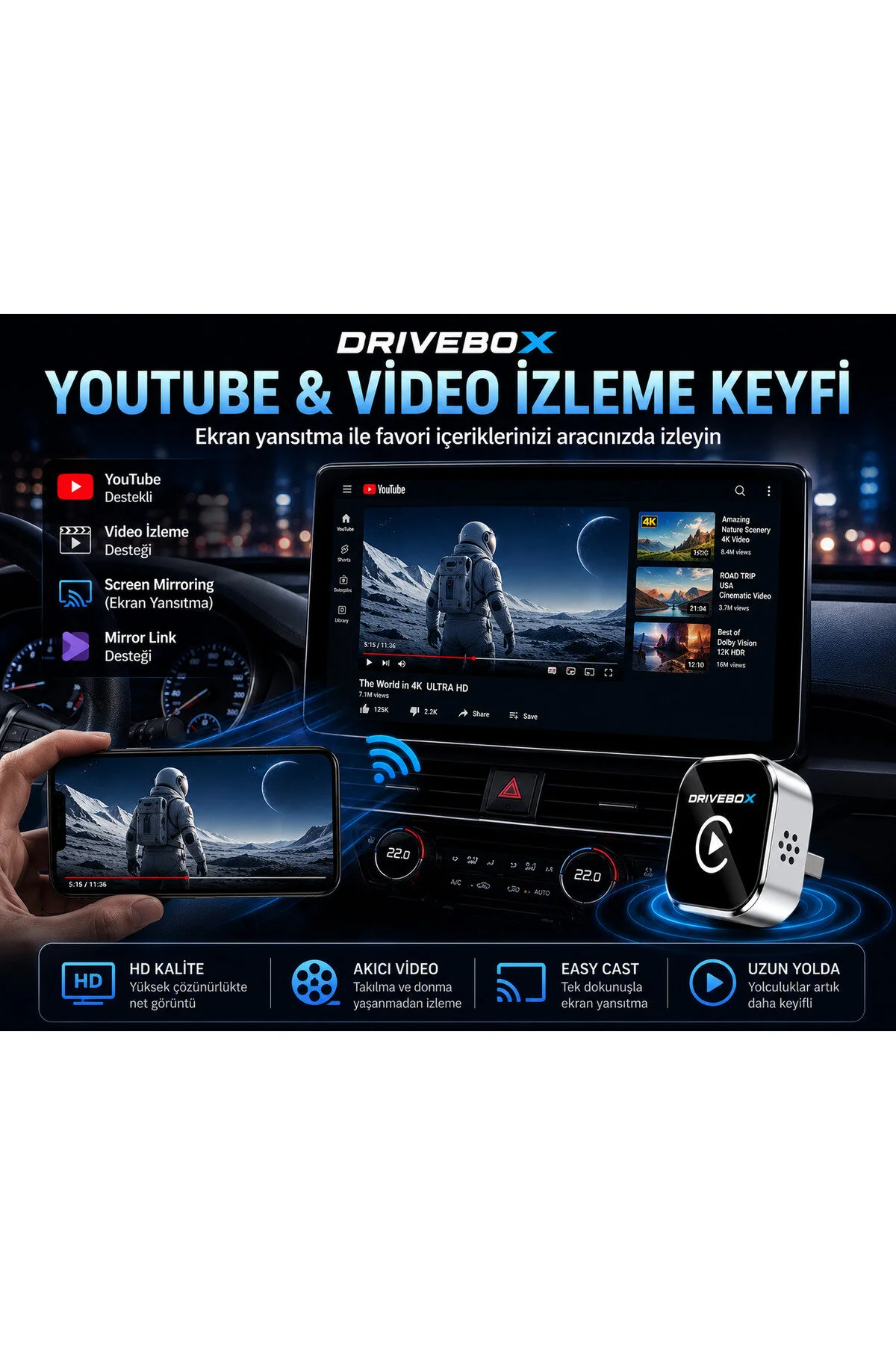 Kablosuz Carplay Android Auto Adaptörü Ekran Yansıtma Screen Mirroring Youtube Destekli Usb Tak Çalıştır Diğer
