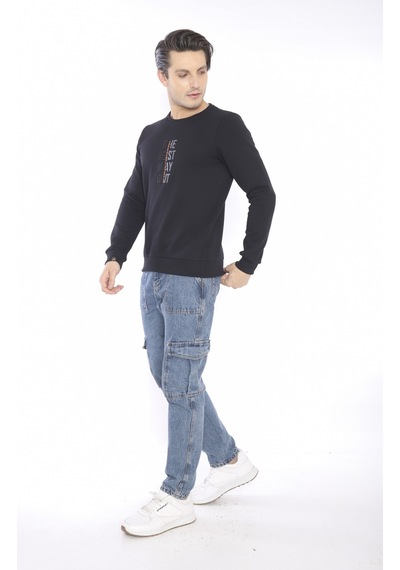 Escetic Erkek Spor Slimfit, Bisiklet Yaka Siyah Sweatshirt-4271 Siyah