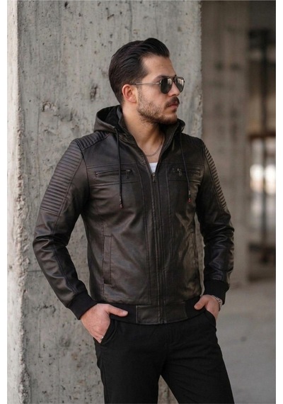 Oksit Kegg Erkek Siyah Slim Fit Kapüşonlu Omuz Detaylı Suni Deri Ceket