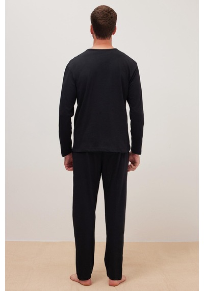 Tudors Erkek Standart Fit %100 Pamuk Bisiklet Yaka Beli Lastikli Siyah Pijama Takımı-37949 Siyah
