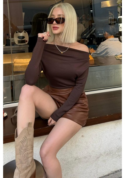 Seeh Kahverengi Kadın Off Shoulder Uzun Kollu Bluz Sh327