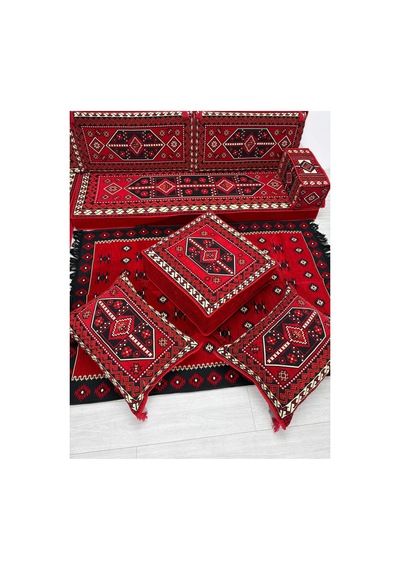 Sedir Deseni Şark Köşesi Takımı Yer Minderi Seti Sünger Dahil 13 Parça Çökmeyen Sünger Kırmızı
