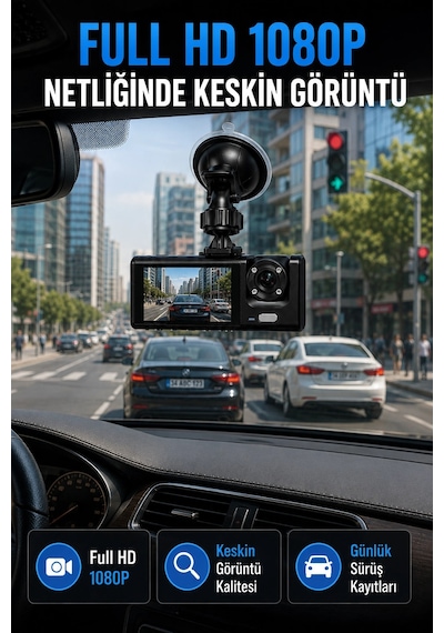 Mey İthalat Araç İçi Kayıt Kamerası 1080p Full Hd Wifi Destekli Ön Ve Arka Kameralı Araç Kamerası