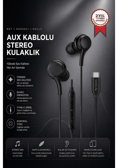 Premium Çağrı Gereci Müzik Dinleme Ses İletimi Kablolu Kulaklık Type-c S11+ Siyah S11+