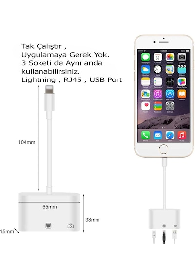 Kb-10 Apple iPhone Uyumlu Lightning 3ın1 Ethernet Rj45 Ve Usb Kamera Adaptörü
