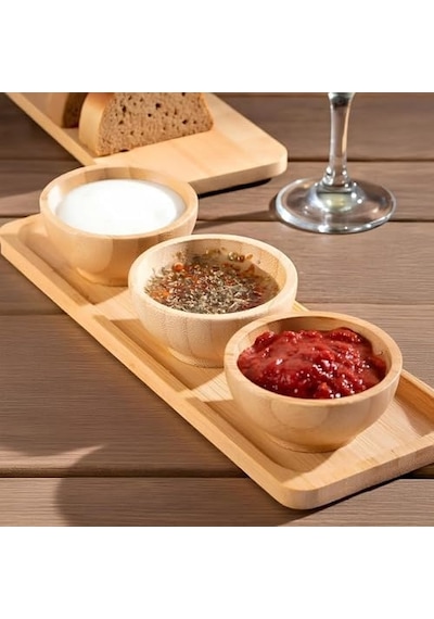 Doğal Bambu Standlı 3&apos Lü Yuvarlak Sosluk Ve Çerezlik Seti 20x6,5 Cm - Kahvaltılık İkramlık Takımı