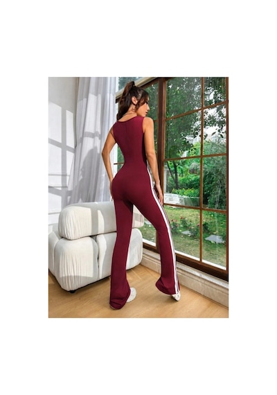 Butik İstanbul Kadın Askılı Kare Yakalı Yandan Şeritli Uzun Dalgıç Tulum Bordo