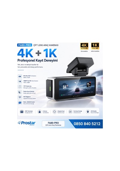 F680-pro 4k Ultra Hd Çift Kameralı Araç Kamerası Dashcam - Wifi, Gps, 24 Saat Park Modu