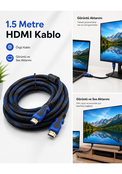 Örgülü Hdmı Kablo, Görüntü Ve Ses Aktarım Kablosu, 1.5 Metre