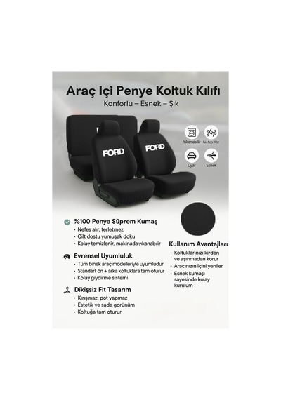 Terletmeyen Kumas Ve Birebir Uyum Sunan Ford Tourneo Courier İle Uyumlu Oto Koltuk Kılıfı Siyah Çok Renkli
